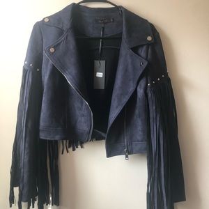 Navy Fringe Moto Jacket